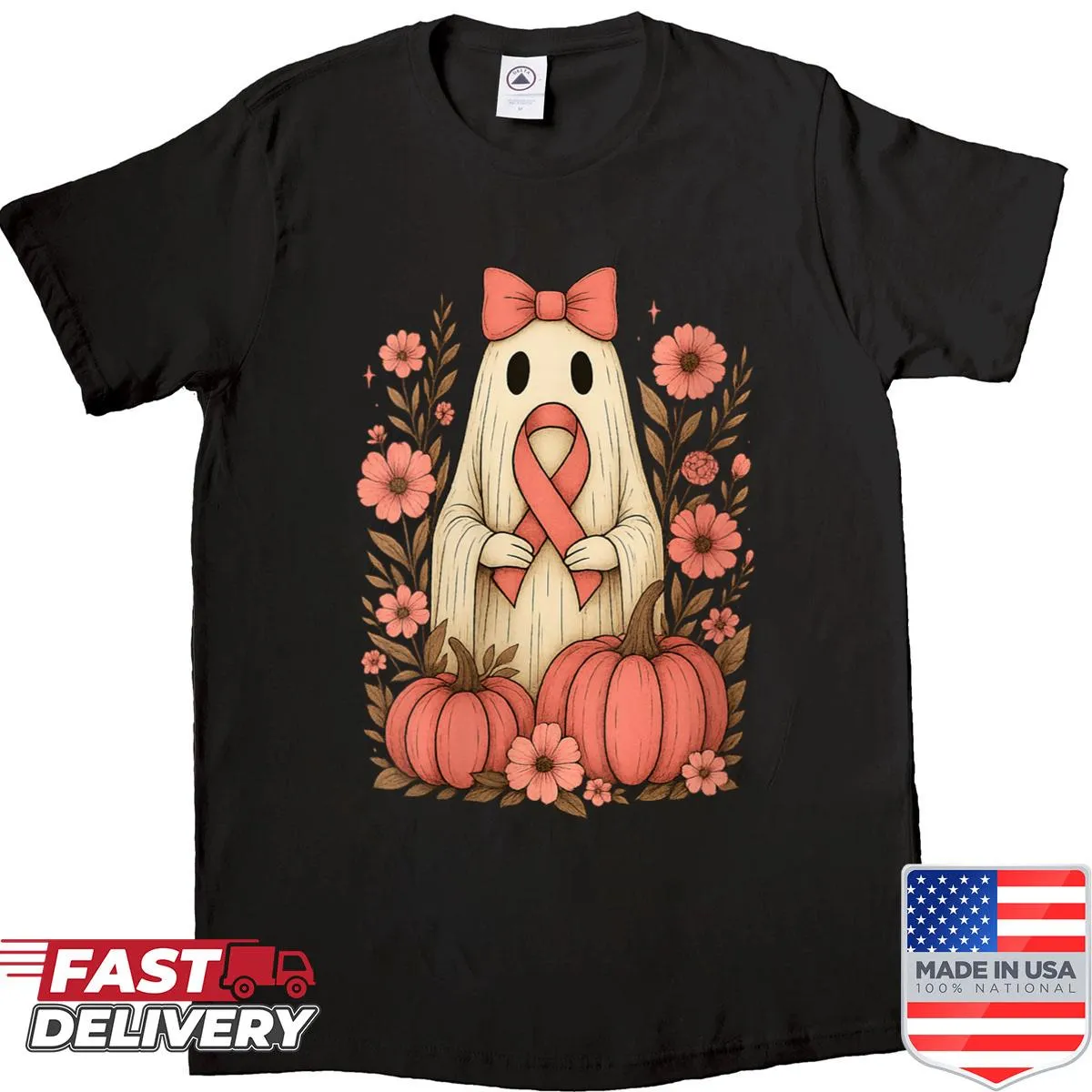 Vintage Halloween shirt with ghost and floral bow for breast cancer awareness