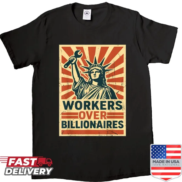 Distressed retro T-shirt featuring Statue of Liberty and workers' rights message