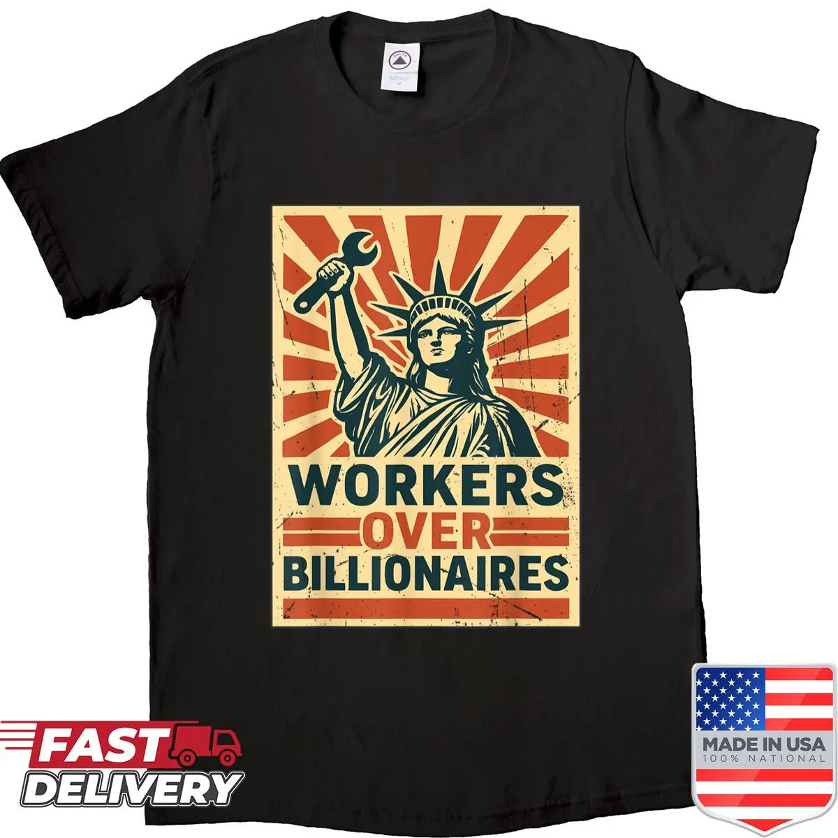 Distressed retro T-shirt featuring Statue of Liberty and workers' rights message