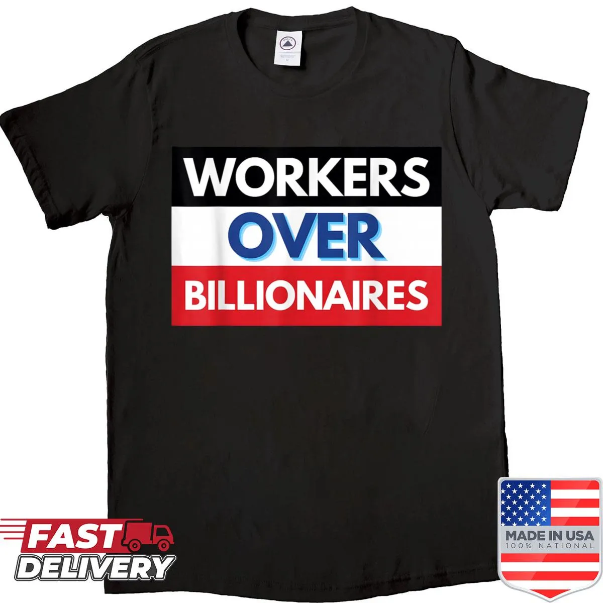 Bold typography on a shirt promoting workers' rights