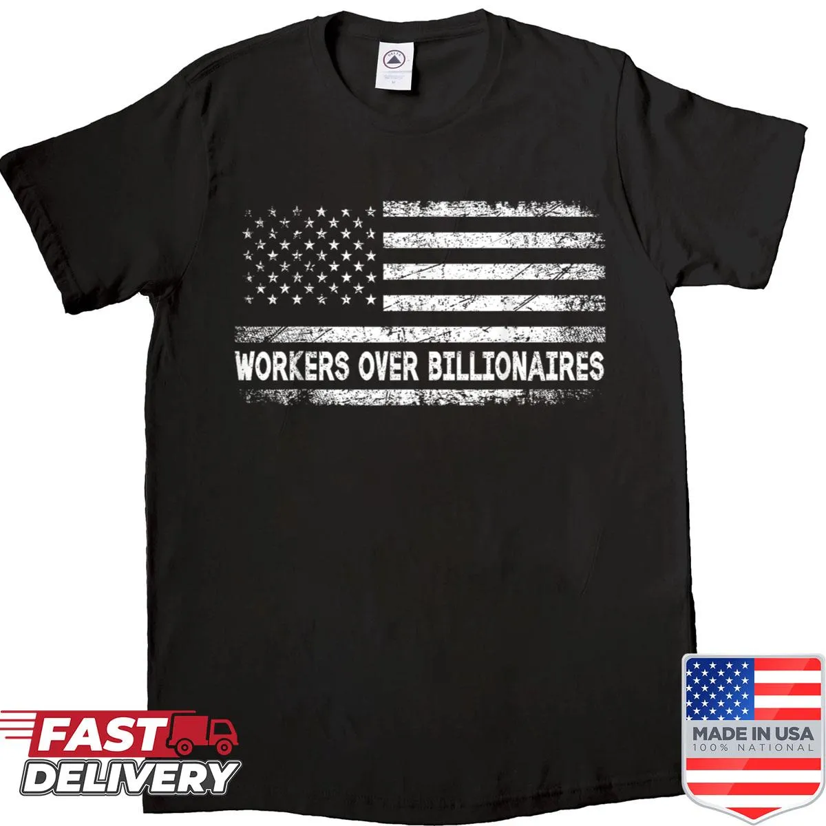 Bold Workers Over Billionaires text with US flag design
