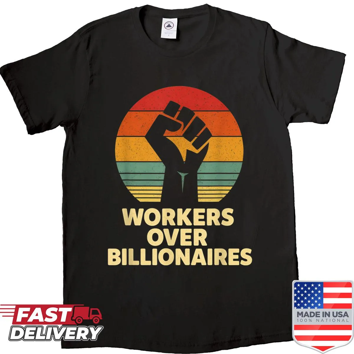 Raised fist graphic T-shirt promoting workers' rights