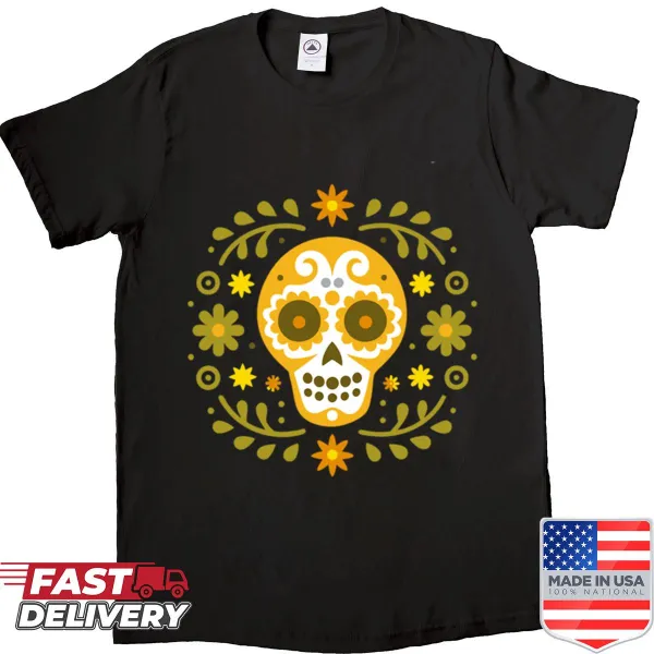 Artistic Mexican skull shirt celebrating Día de Muertos with traditional motifs.