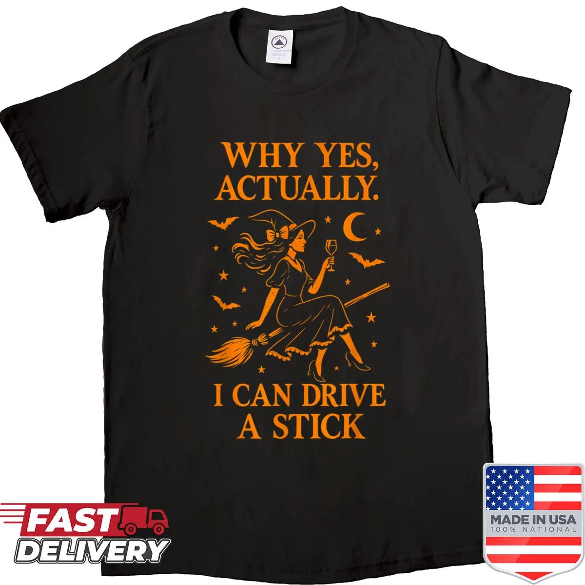 Funny Halloween graphic of witches and broomsticks on T-shirt