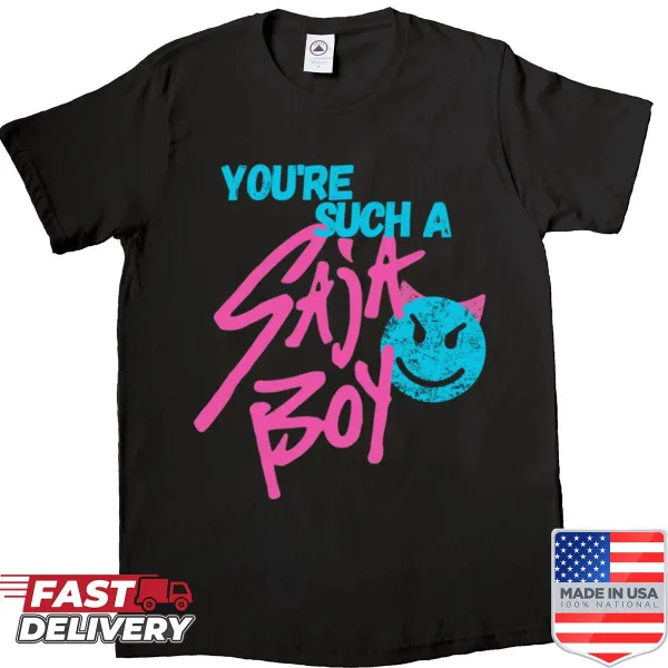 Playful shirt with cartoon graphics and 'You're Such A Saja Boy' text