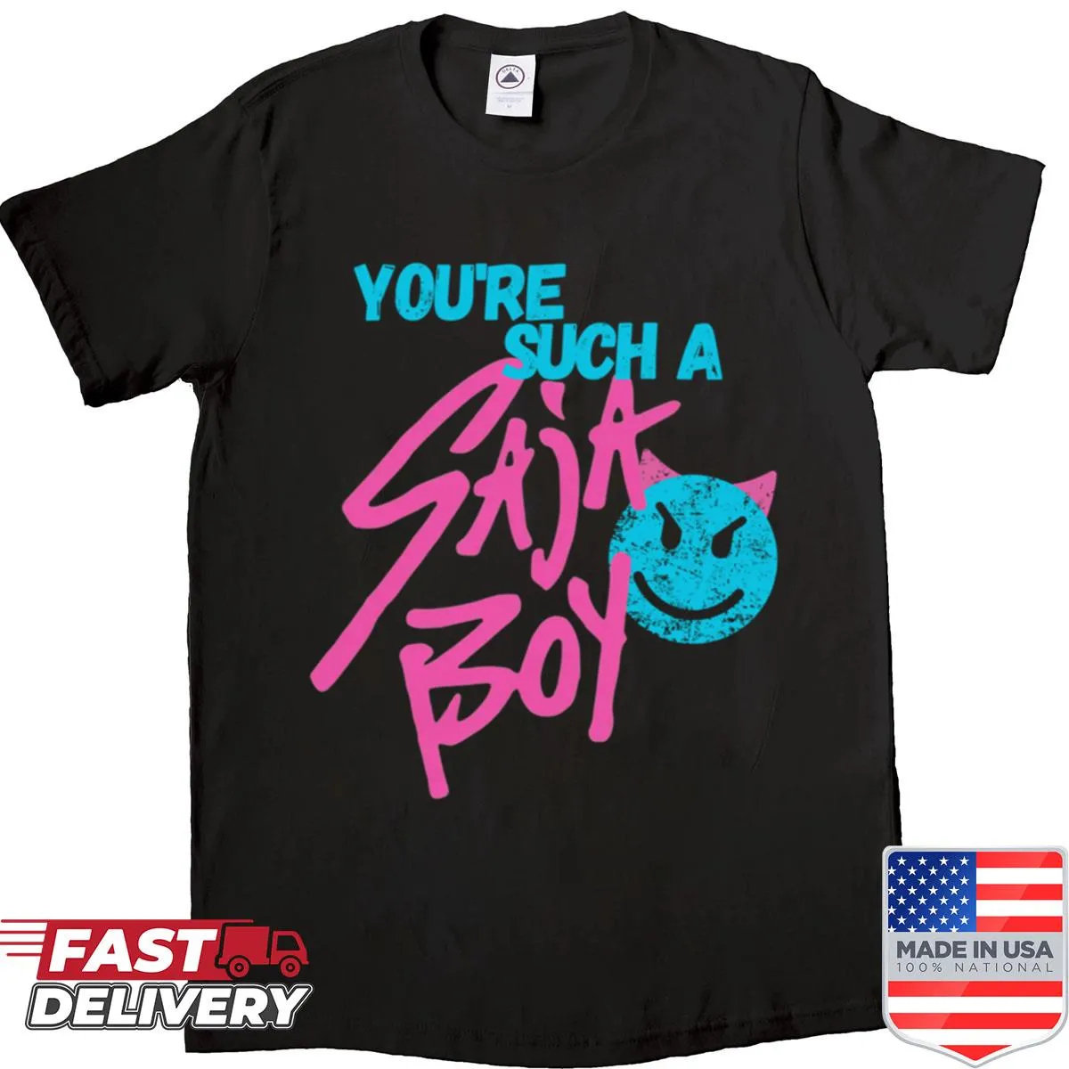 Playful shirt with cartoon graphics and 'You're Such A Saja Boy' text