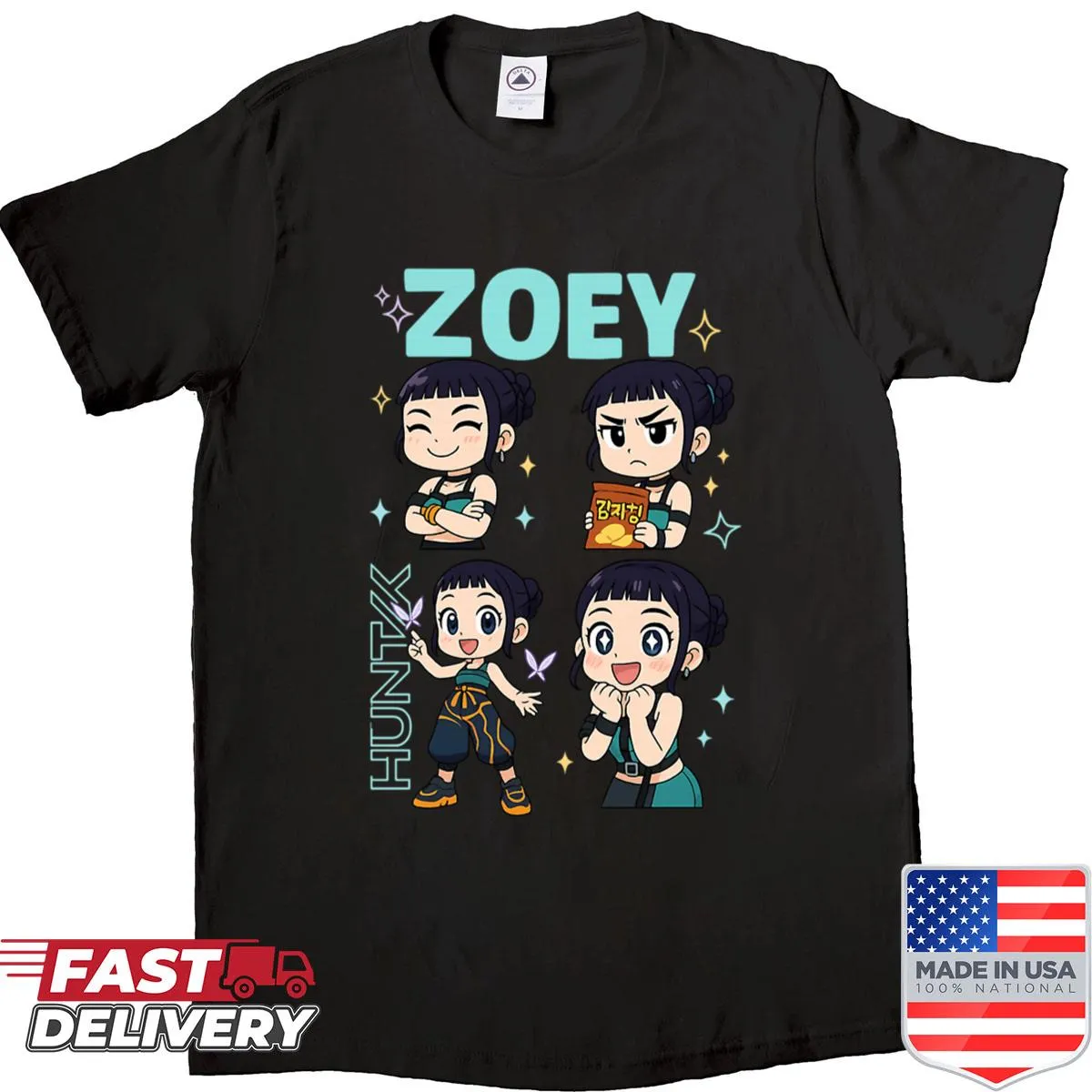 Cartoon graphic T-shirt featuring Kpop Huntrix girls