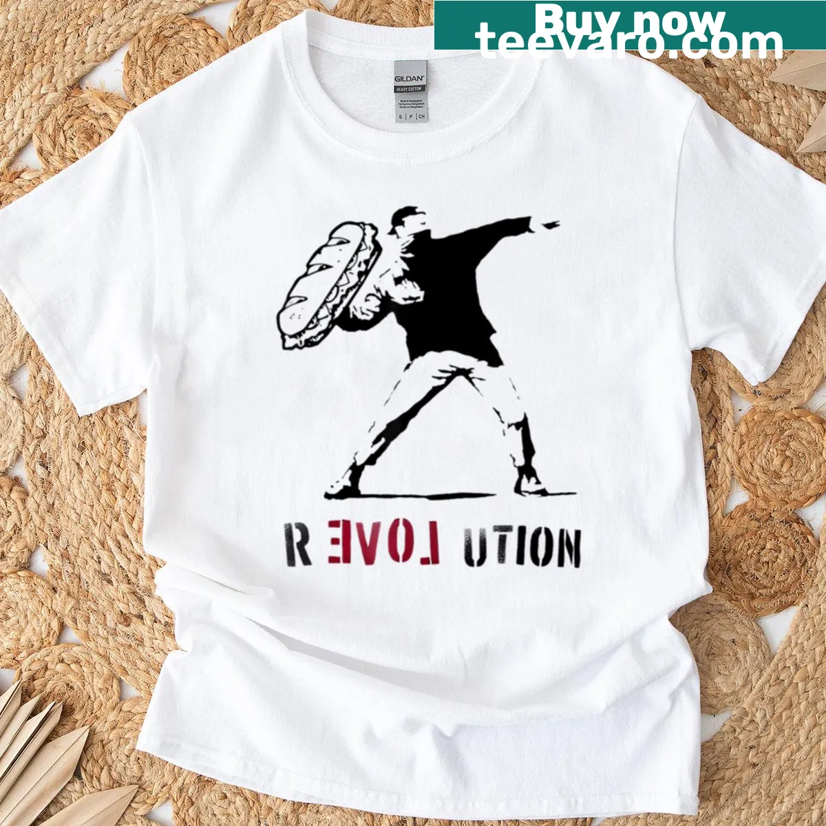 Funny meme T-shirt with cartoon graphic of throwing sandwiches — on a men's t-shirt