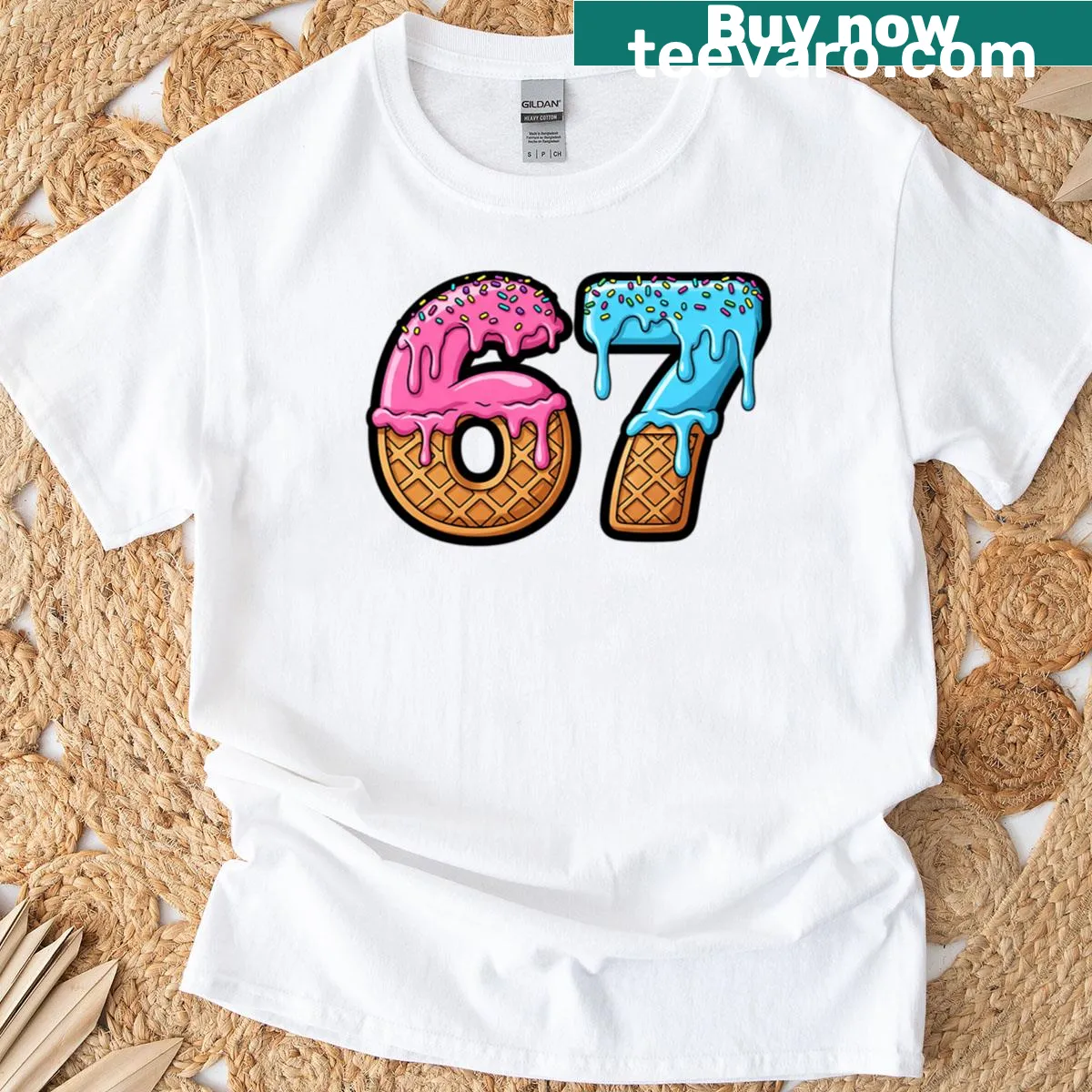 Oversized T-shirt featuring the 67 Ice Cream Drip meme — on a men's t-shirt