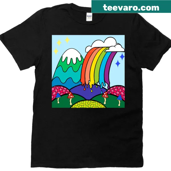 70s landscape t-shirt featuring a whimsical drippy rainbow design
