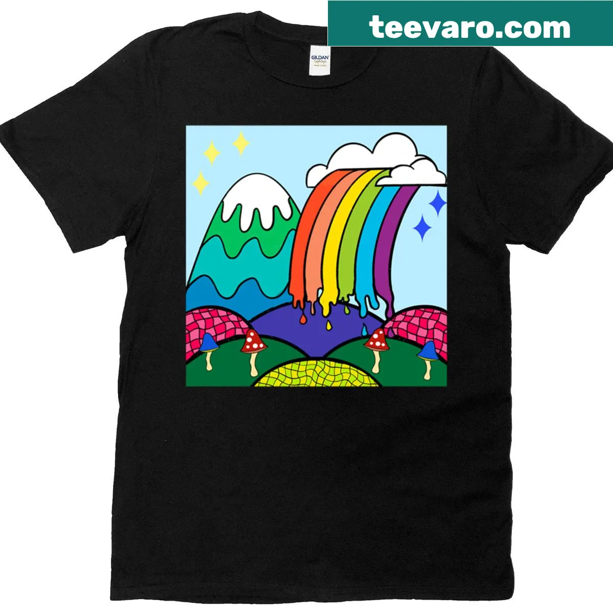 70s landscape t-shirt featuring a whimsical drippy rainbow design — on a men's t-shirt