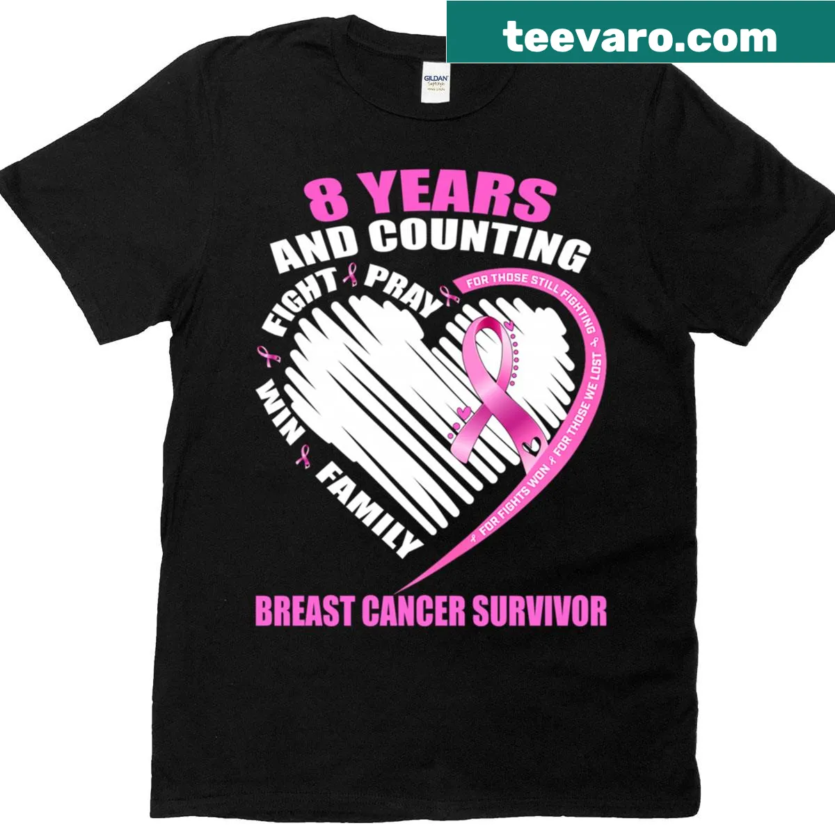 Inspirational survivor T-shirt celebrating 8 years of breast cancer survival — on a men's t-shirt