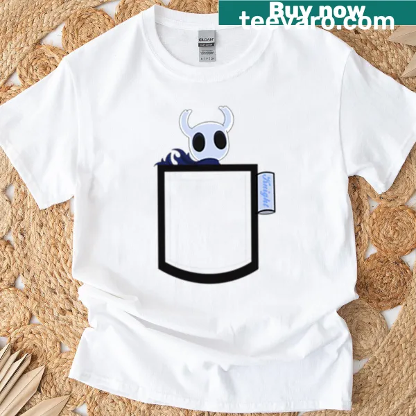 Oversized t-shirt featuring a Hollow Knight character illustration in a pocket.