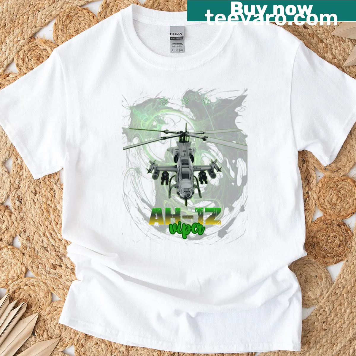 T-shirt featuring a detailed graphic of the AH-1Z Viper helicopter — on a men's t-shirt