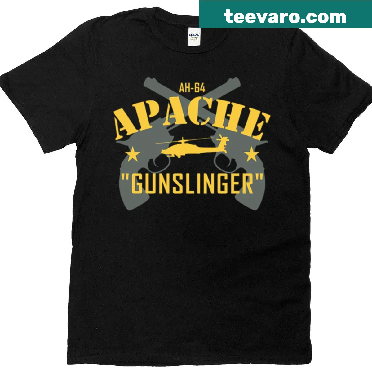 Illustrative graphic of an AH-64 Apache helicopter on a T-shirt — on a men's t-shirt