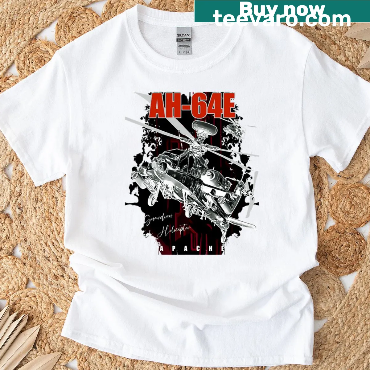 Graphic T-shirt featuring the AH-64E Apache Guardian helicopter — on a men's t-shirt