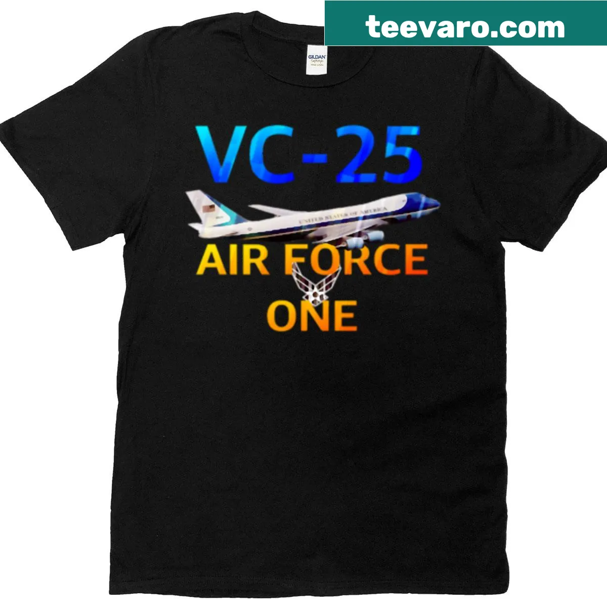 Badge-style T-shirt featuring Air Force One VC-25 design — on a men's t-shirt