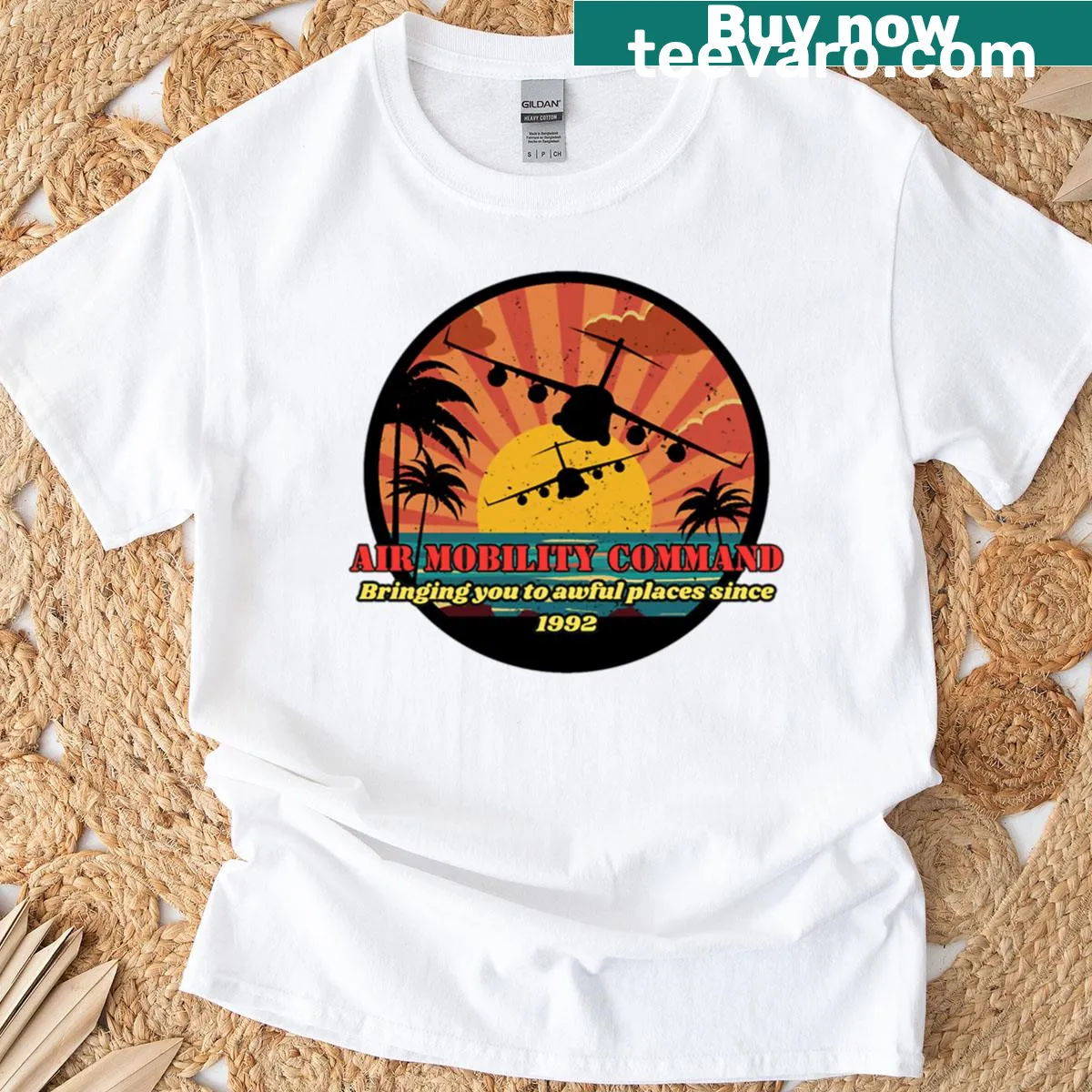 T-shirt featuring Air Mobility Command emblem and graphic — on a men's t-shirt
