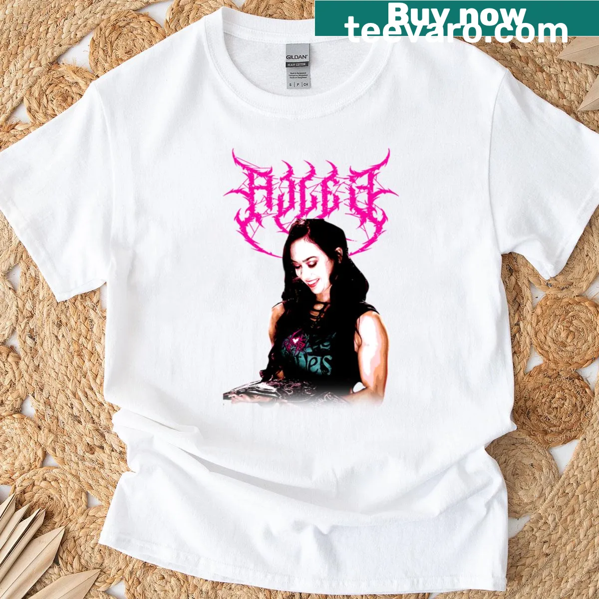 Death metal-themed T-shirt featuring an artistic graphic of Aj Lee — on a men's t-shirt