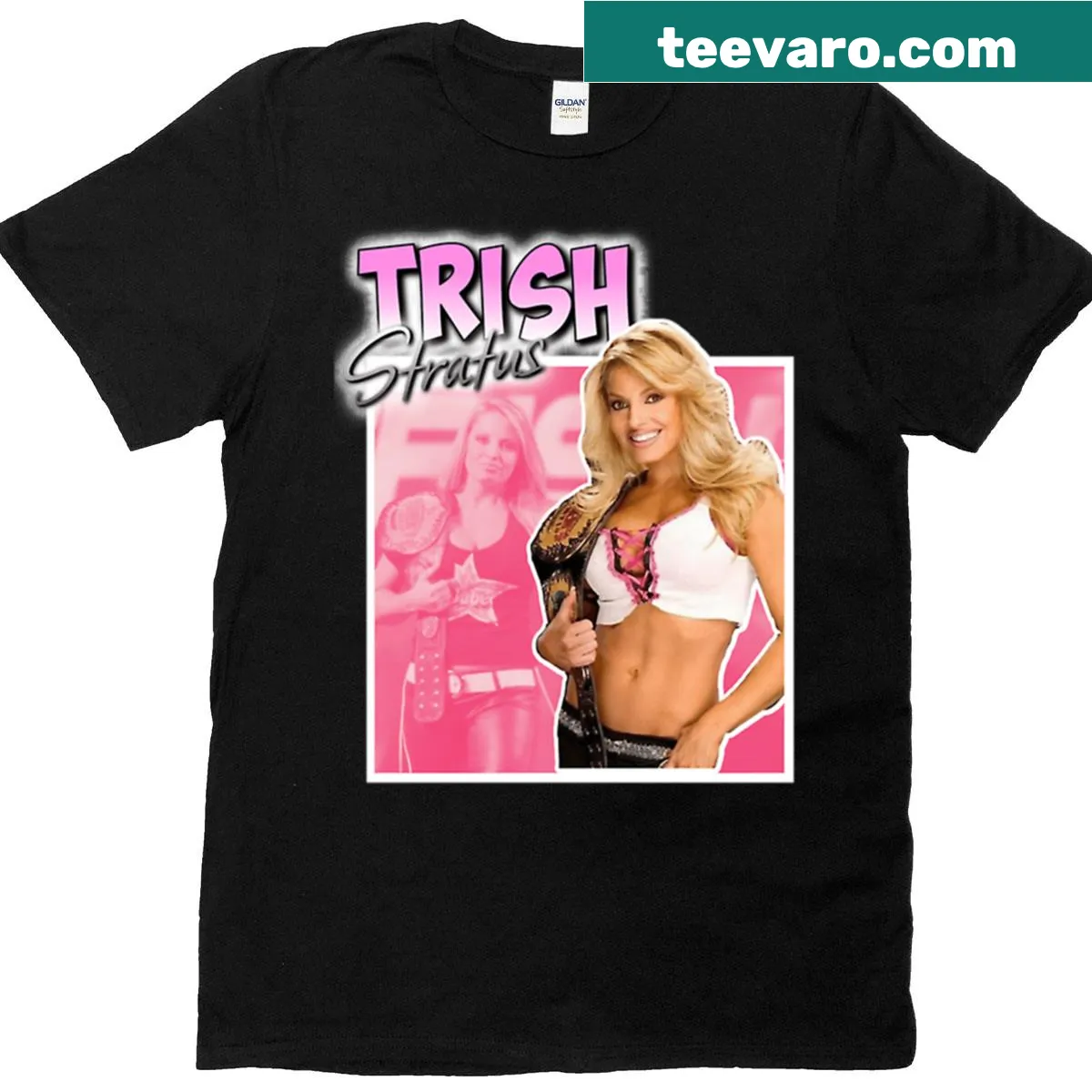 Oversized T-shirt featuring Aj Lee and Trish Stratus graphic. — on a men's t-shirt