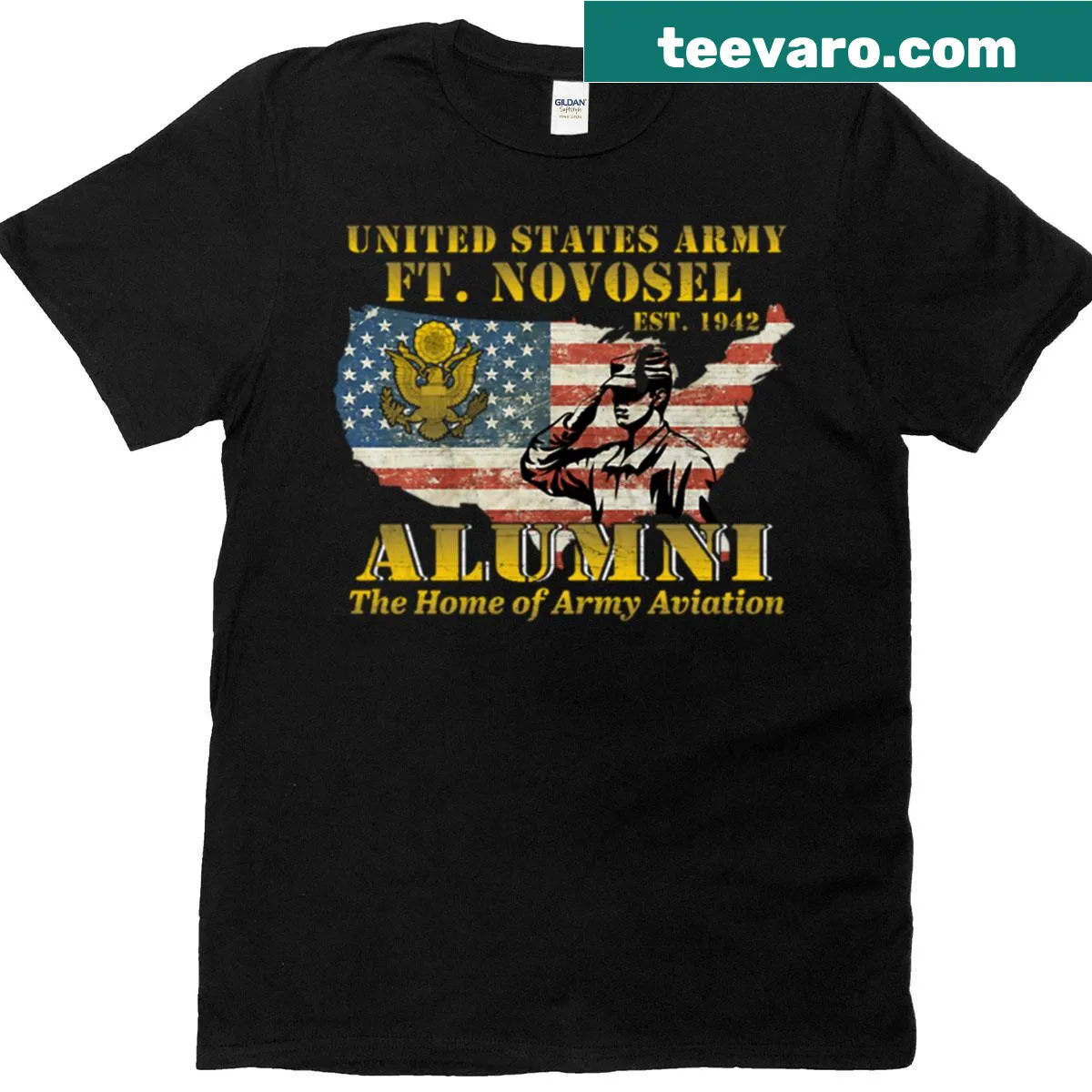 Emblem t-shirt representing Alabama Fort Novosel for veterans — on a men's t-shirt