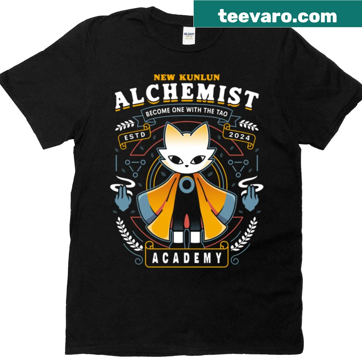 T-shirt featuring Alchemist Warrior Academy fantasy design — on a men's t-shirt