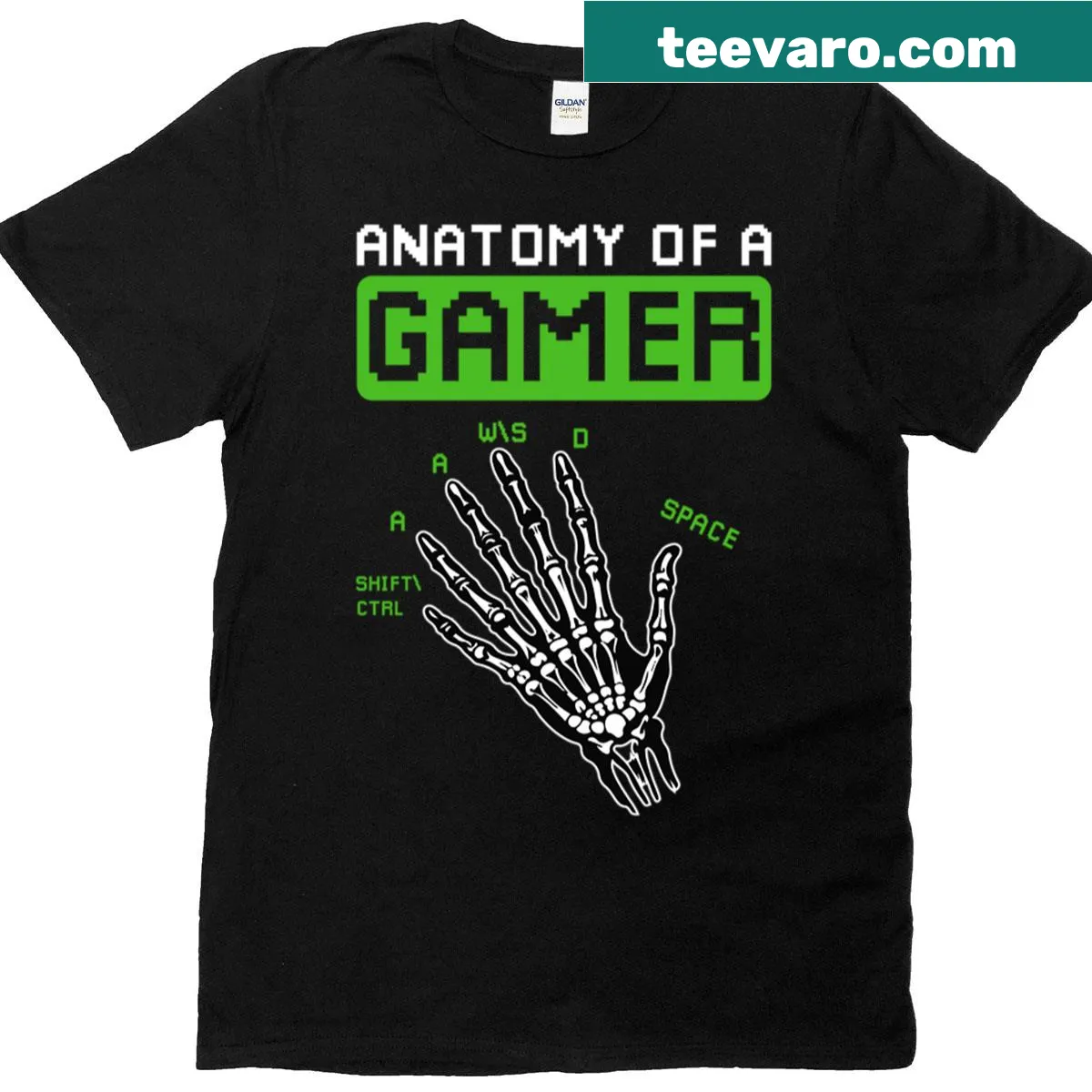 Anatomy of a Gamer t-shirt with bold text and humorous graphics — on a men's t-shirt
