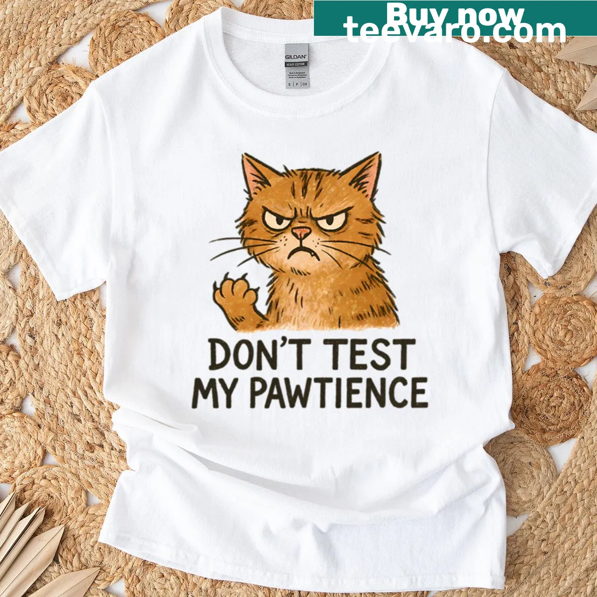 Cartoon illustration of an angry cat with the word 'Pawtience' on a T-shirt — on a men's t-shirt