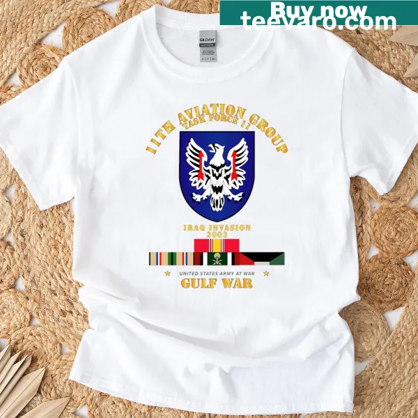 T-shirt featuring the Army 11th Aviation Group emblem
