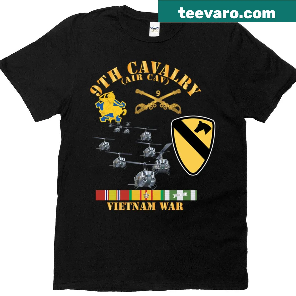 Military-themed t-shirt for the 9th Cavalry Air Cav — on a men's t-shirt