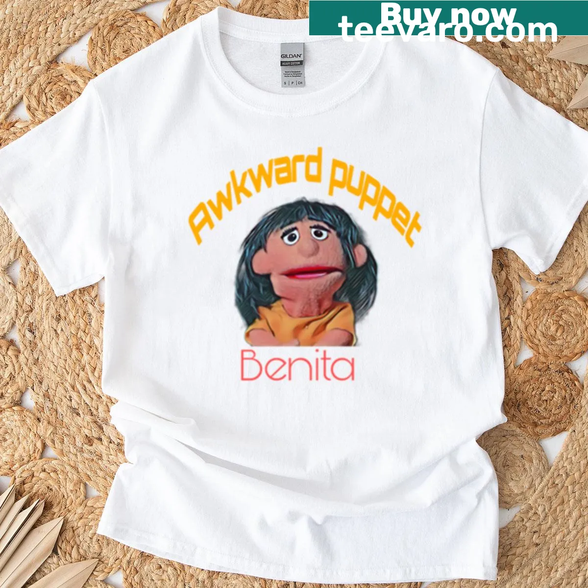 Cartoon Awkward Puppet Benita t-shirt with a funny puppet design — on a men's t-shirt