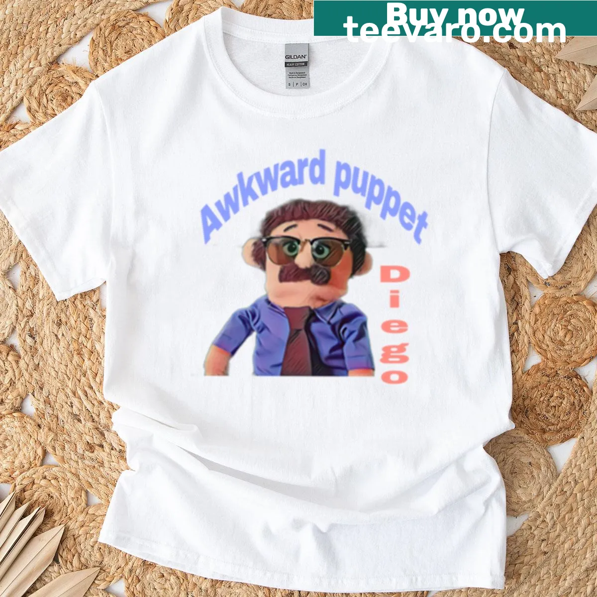 Illustration of an awkward puppet named Diego on a T-shirt — on a men's t-shirt
