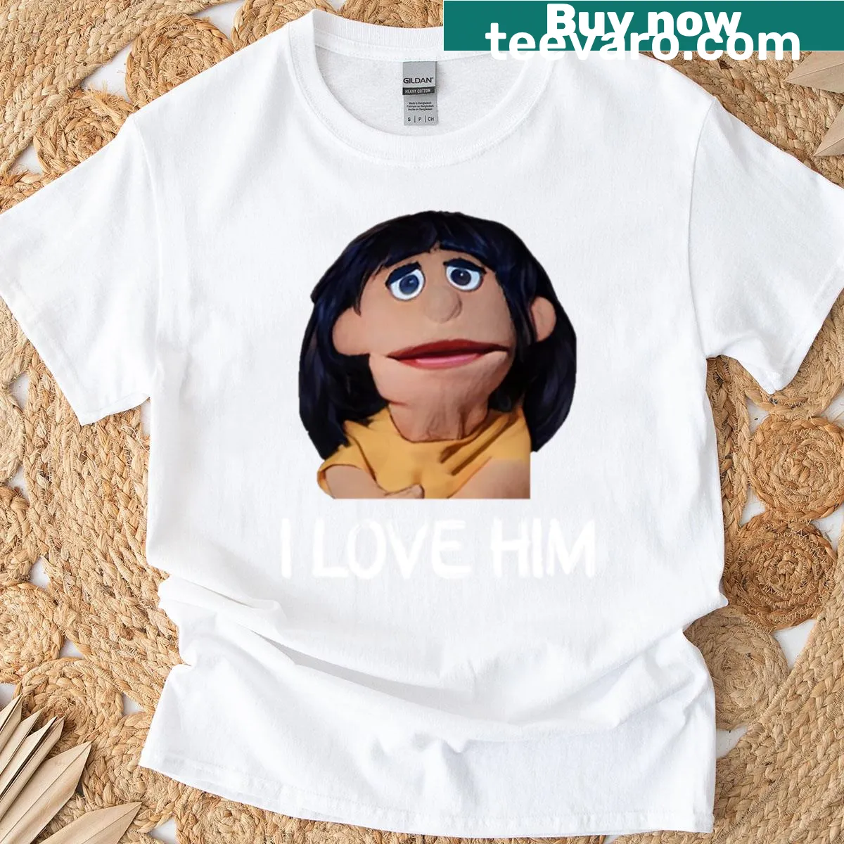 T-shirt featuring a cartoon illustration of Benita the puppet — on a men's t-shirt