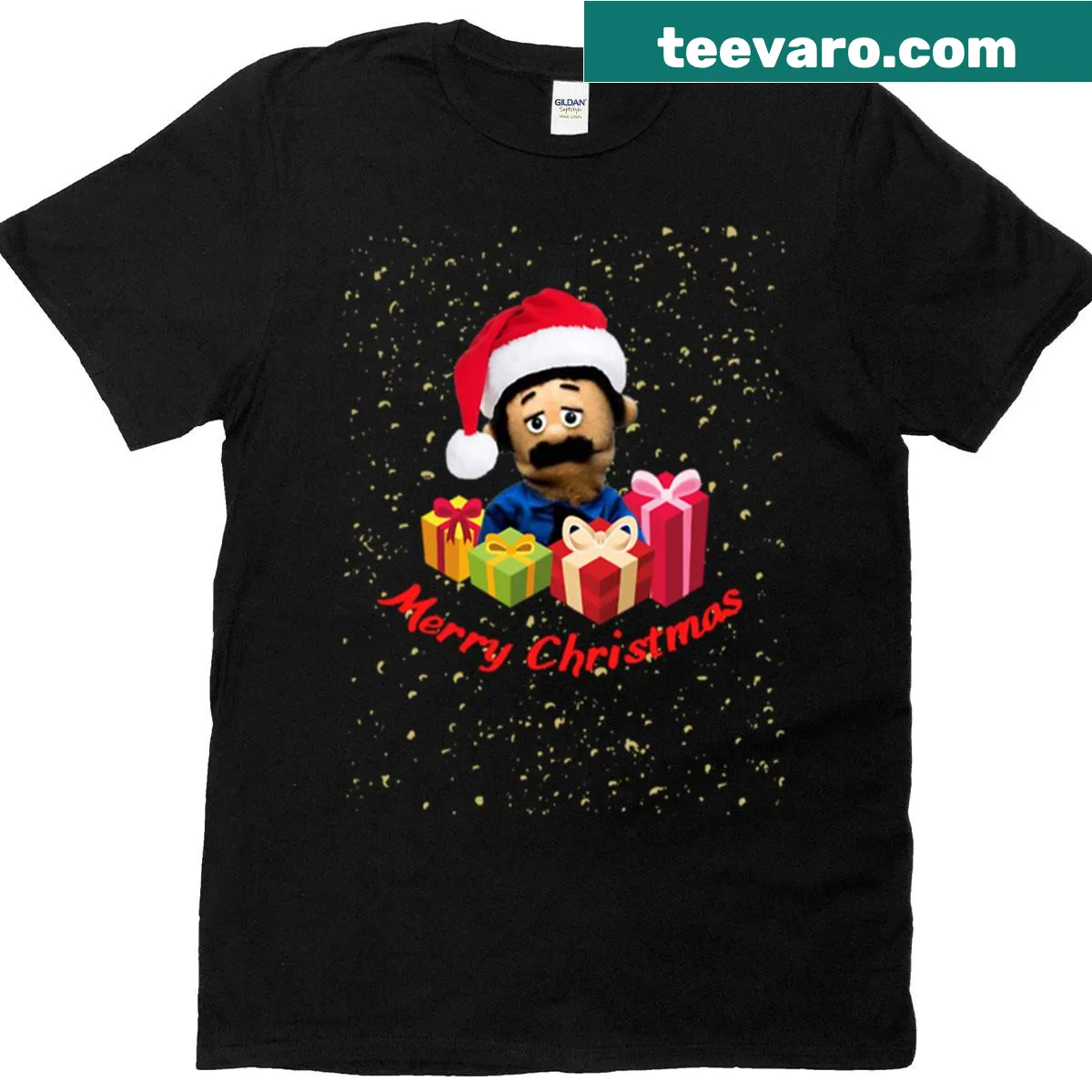 Playful Christmas t-shirt featuring awkward puppets — on a men's t-shirt