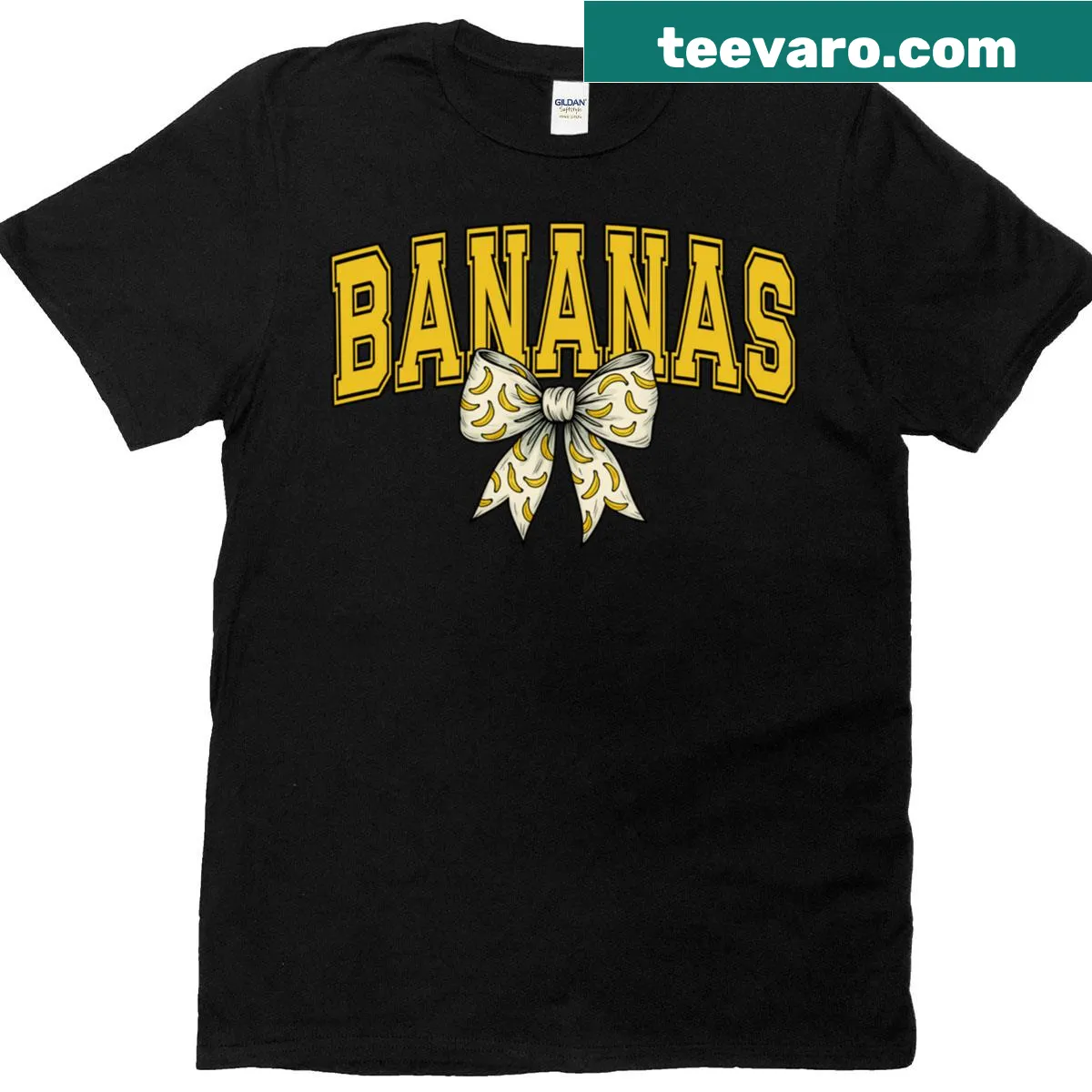 Cute varsity-style T-shirt with banana bow illustration for softball fans — on a men's t-shirt