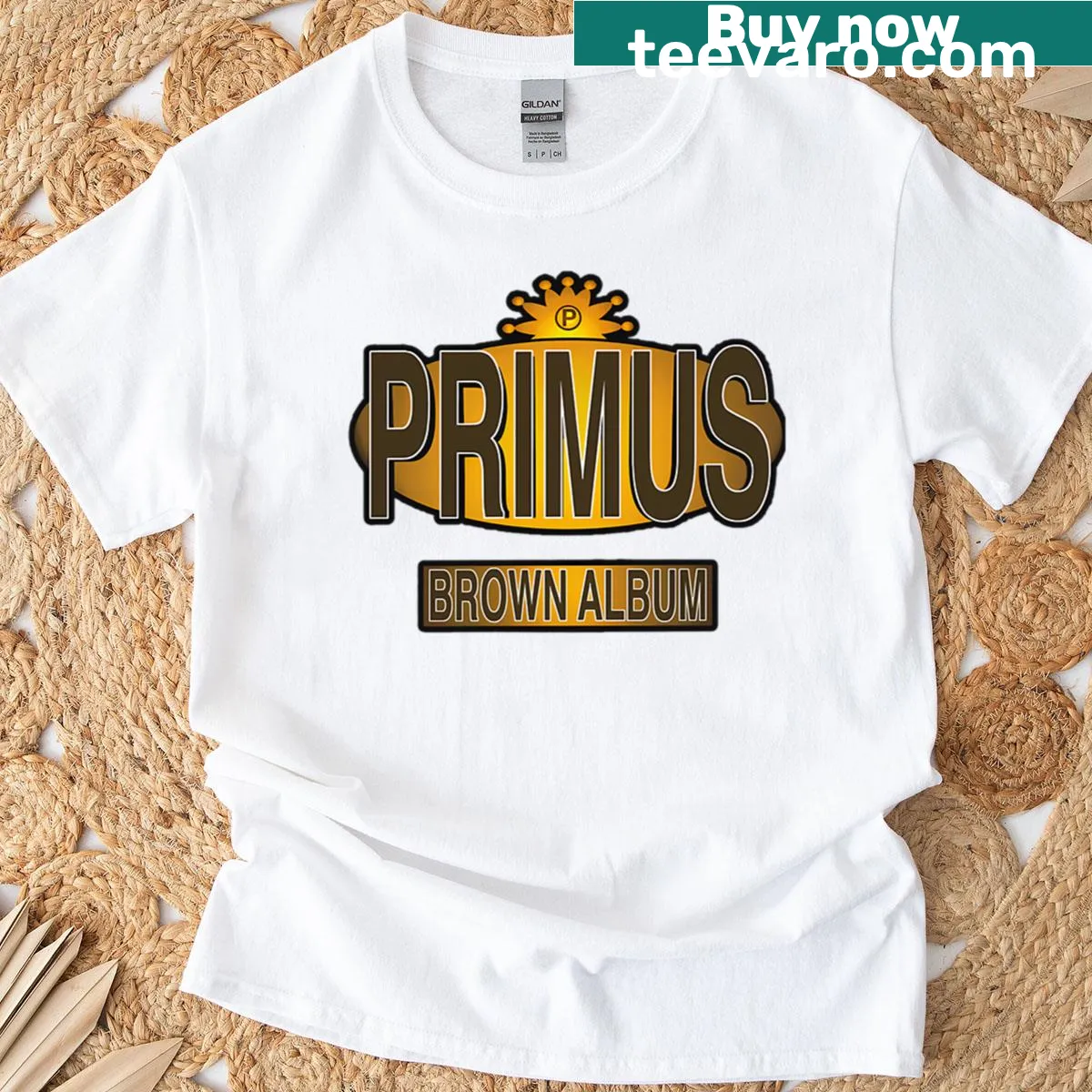 Illustrative t-shirt featuring Primus band-themed design — on a men's t-shirt