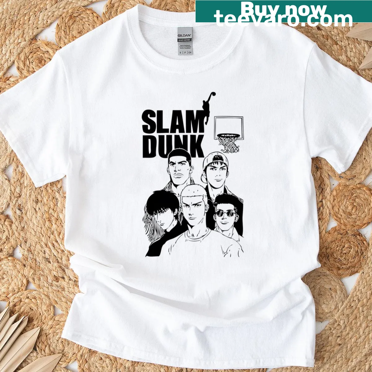 Vintage-style basketball t-shirt with manga-inspired design — on a men's t-shirt