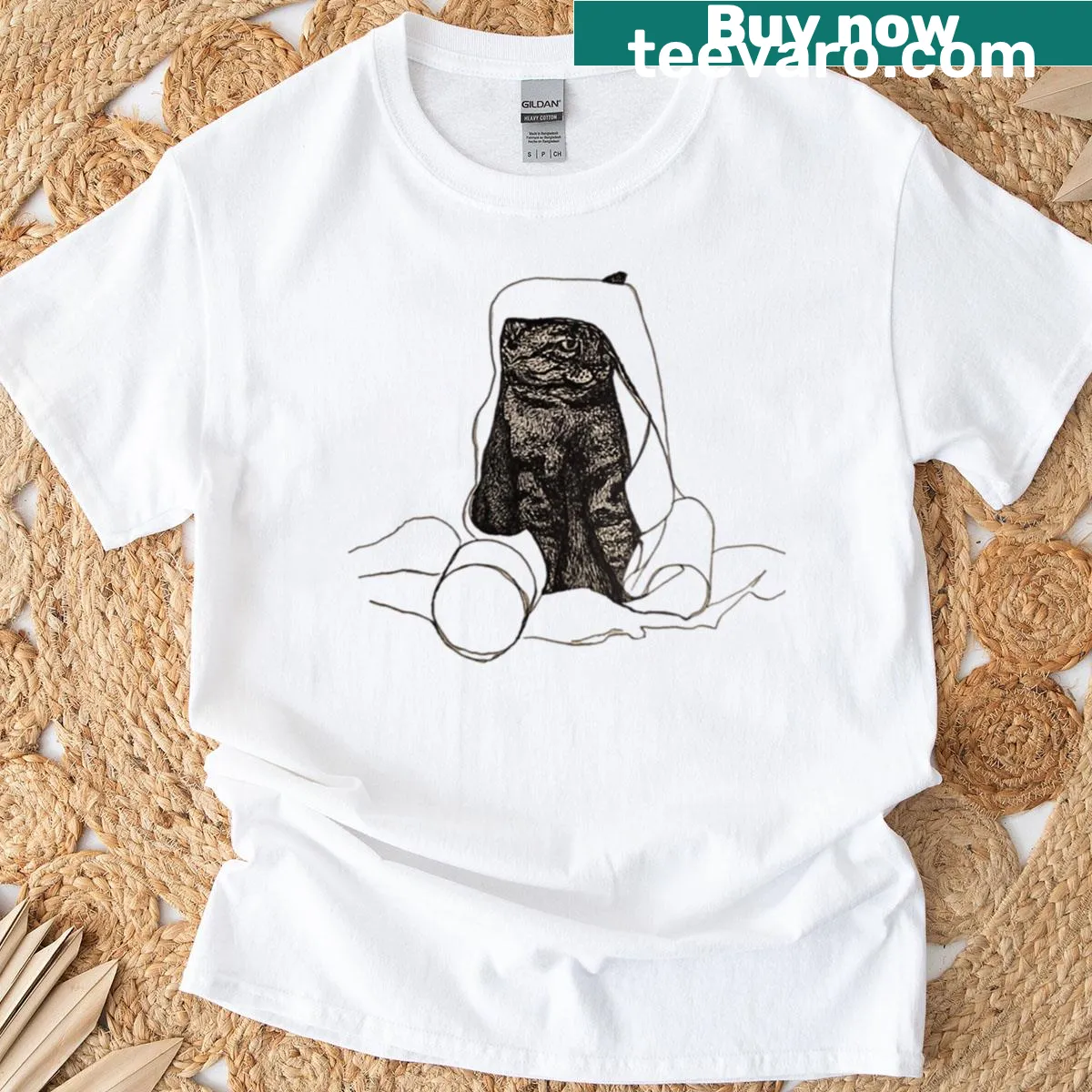 Cartoon cat in a bathroom setting on a T-shirt — on a men's t-shirt