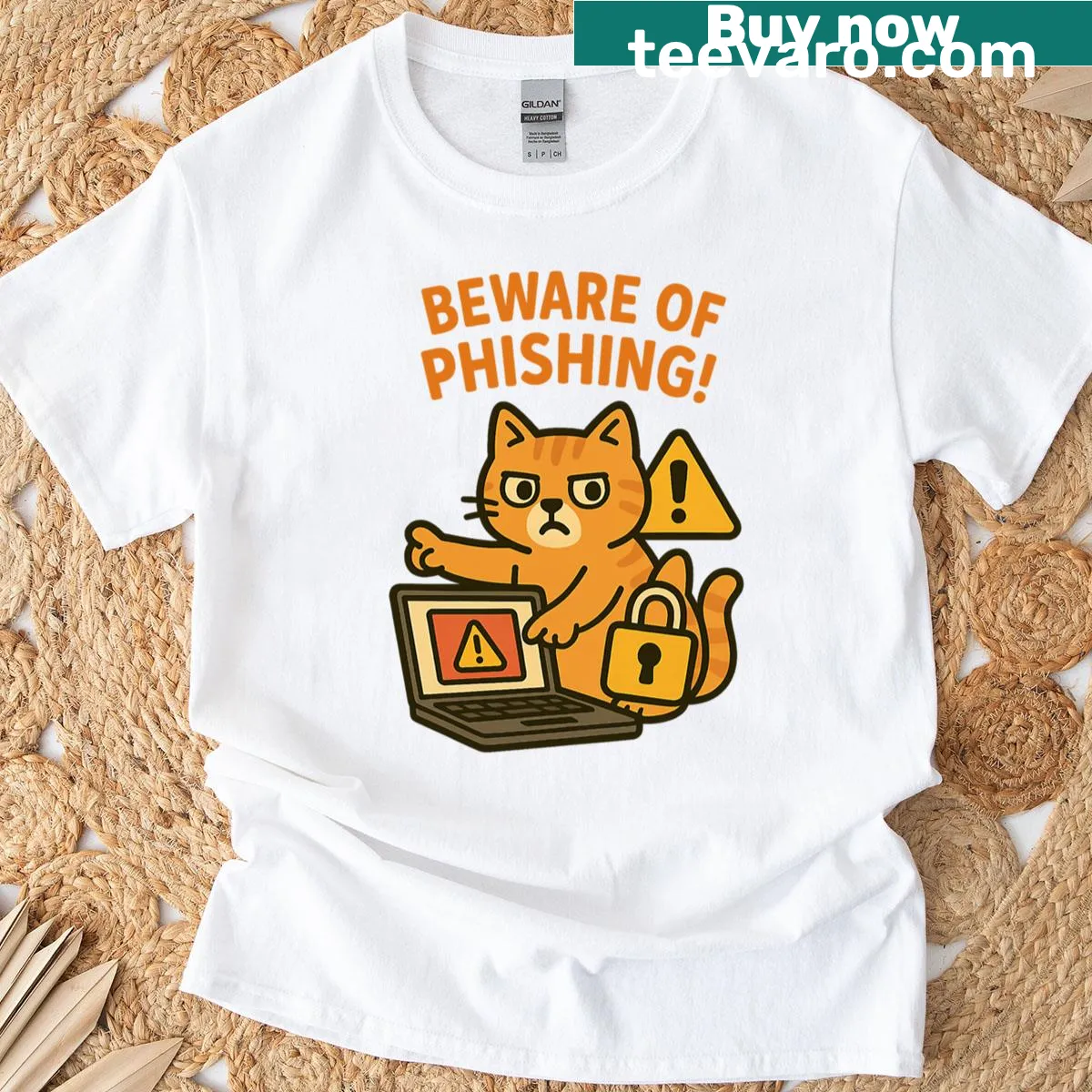 Cybersecurity T-shirt with Beware Of Phishing text — on a men's t-shirt