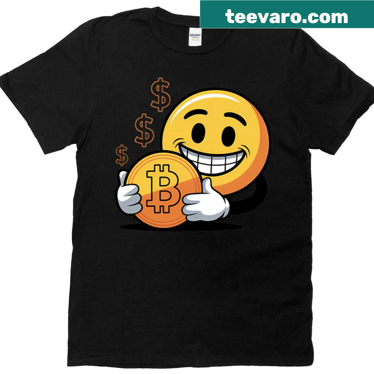Cartoon-style Bitcoin emoji finance logo on T-shirt — on a men's t-shirt