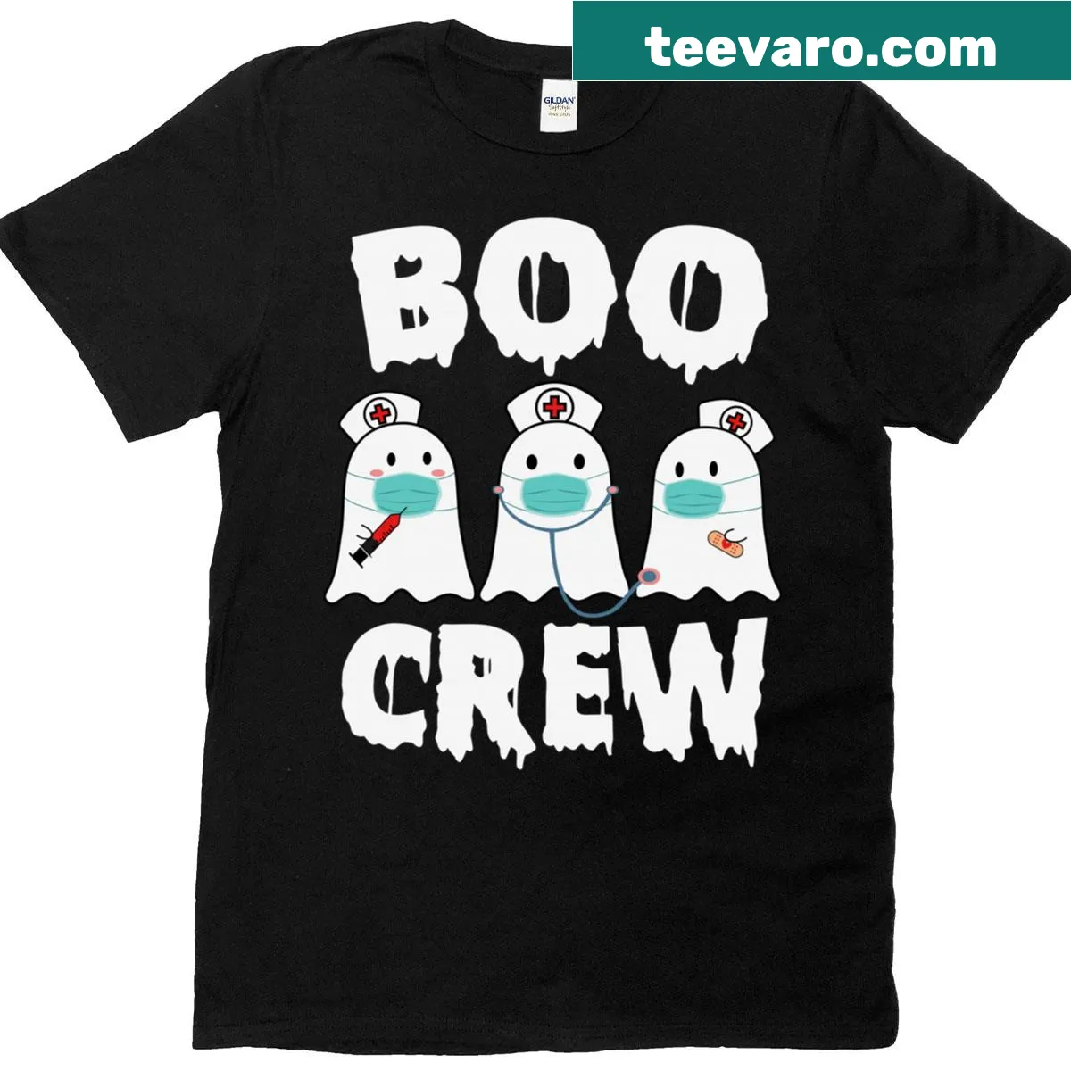 Cute ghost graphic with 'Boo Boo Crew' text for nurses' Halloween — on a men's t-shirt