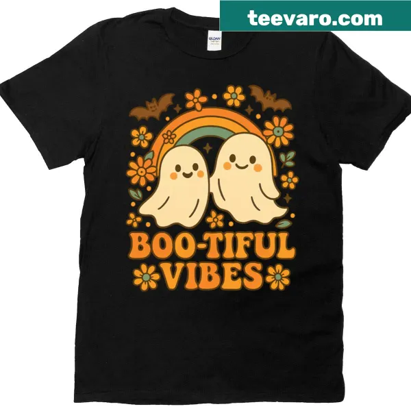 Cute retro Halloween t-shirt with cartoon ghosts and 'Boo-tiful Vibes' text