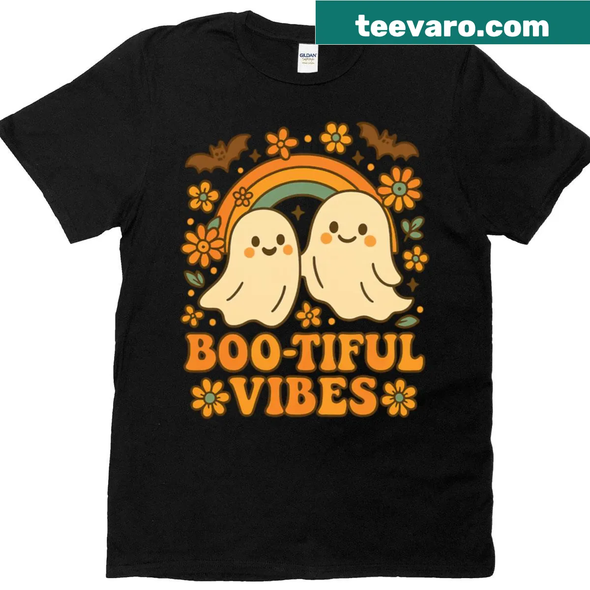 Cute retro Halloween t-shirt with cartoon ghosts and 'Boo-tiful Vibes' text — on a men's t-shirt