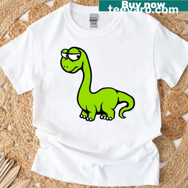Cartoon Brachiosaurus T-shirt with a sad, tired expression.