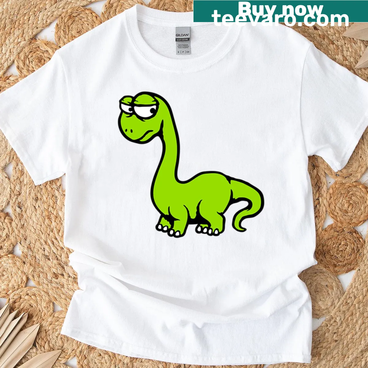 Cartoon Brachiosaurus T-shirt with a sad, tired expression. — on a men's t-shirt