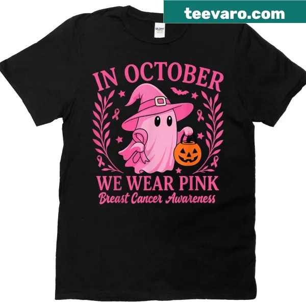 Ghost witch T-shirt with the phrase 'In October We Wear Pink'