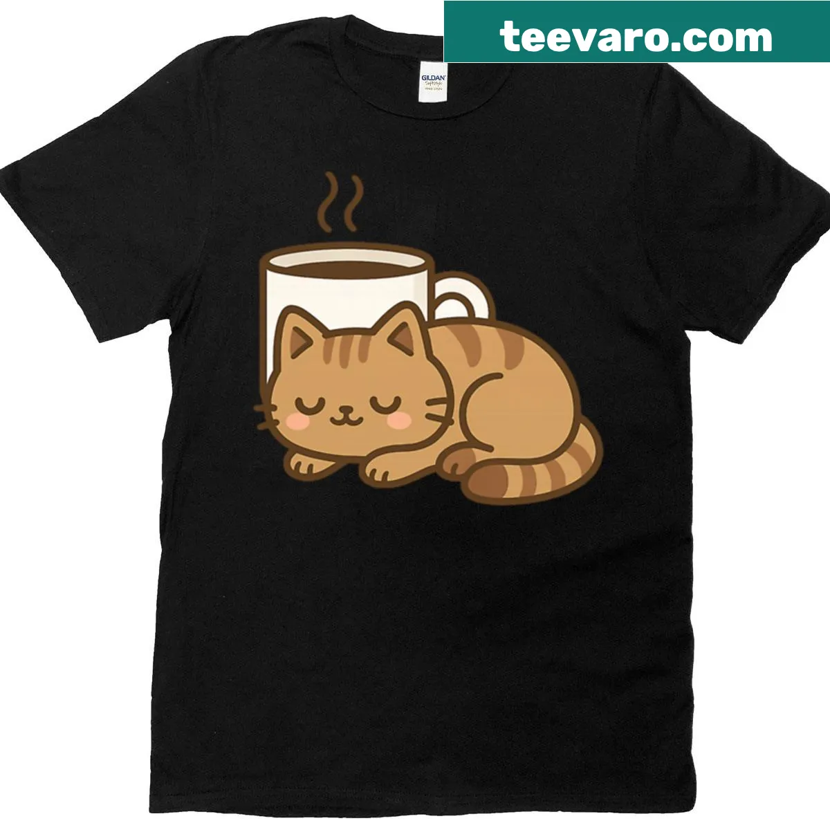 Illustration of a brown tabby cat in a coffee cup on a T-shirt — on a men's t-shirt
