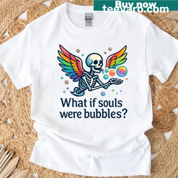 Whimsical angel skeleton with rainbow wings on a T-shirt