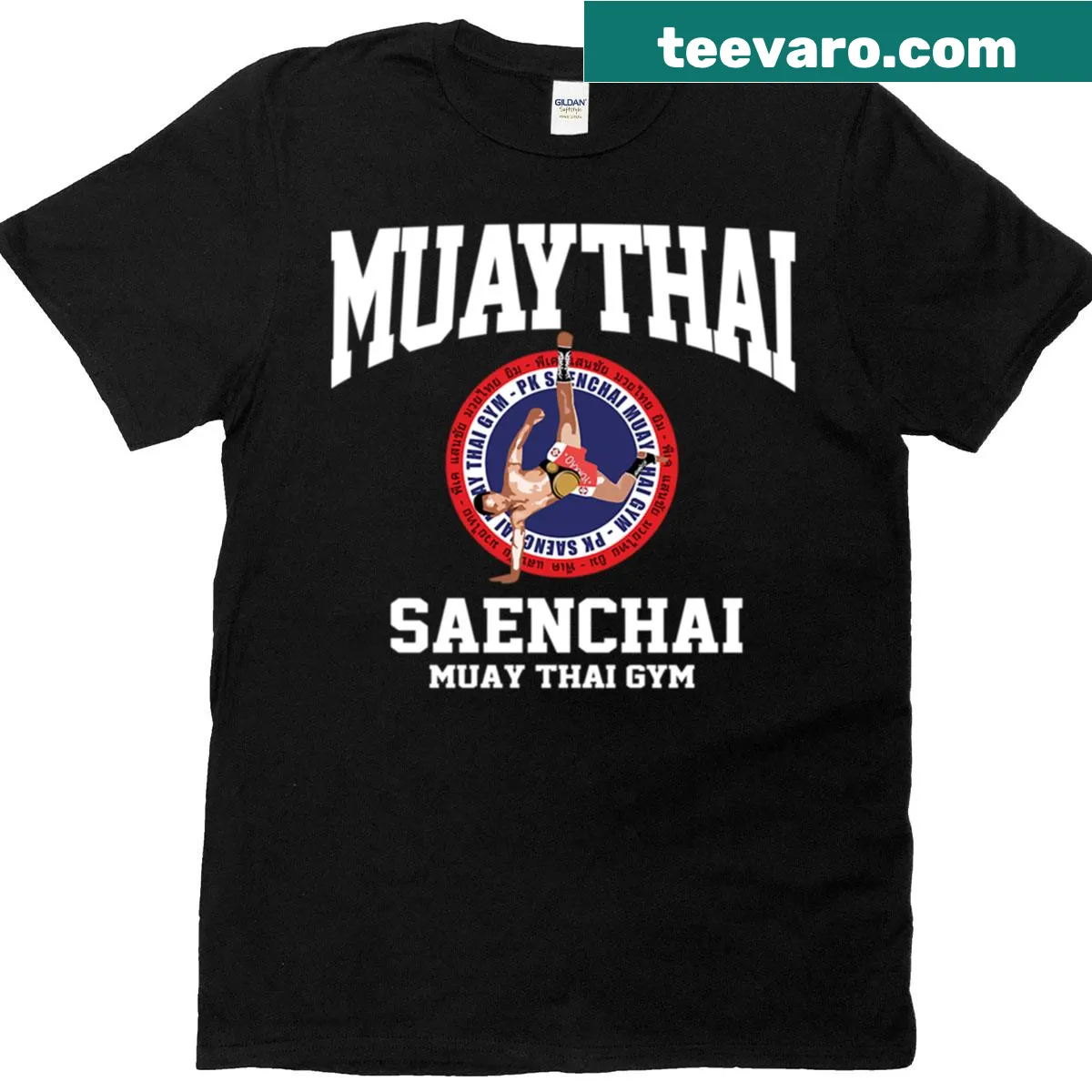 Muay Thai T-shirt featuring a cartwheel kick graphic — on a men's t-shirt