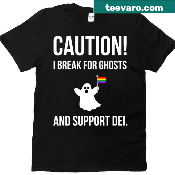 Whimsical shirt with 'I Break for Ghosts' text and playful design.